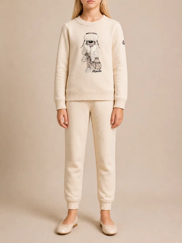 Moncler Kids Cream Sweater with Dog Prints and Appliqué Size 8 years in White from Sellier