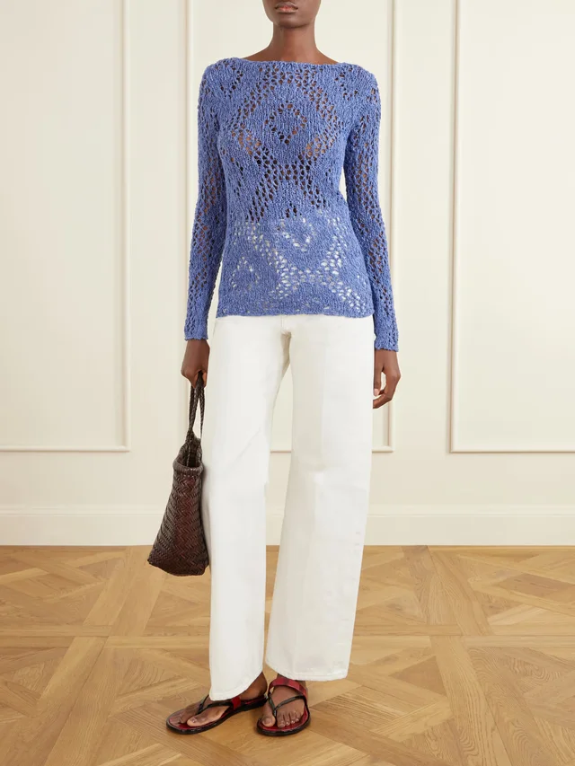 THE ELDER STATESMAN Lake pointelle-knitted silk, cashmere and linen-blend T-shirt in Blue, photo 2 of 2 from NET-A-PORTER (Canada)