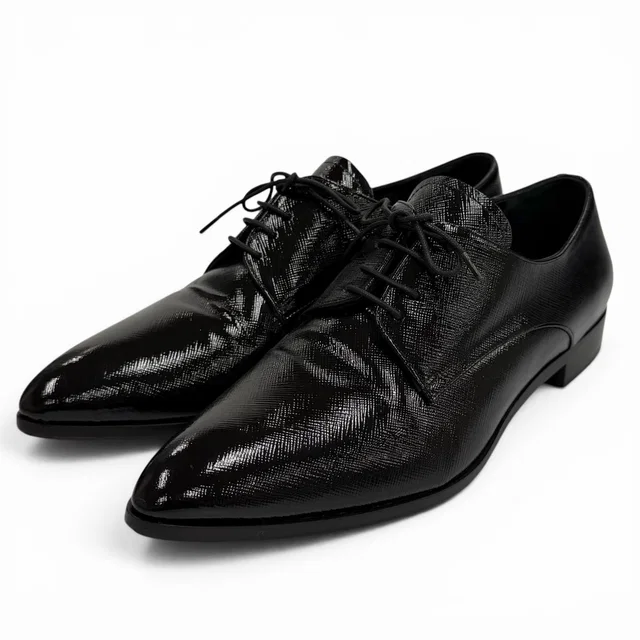 Prada Leather Pointed Toe Lace Up Shoes Dress Black in Black Leather from The Reluxe