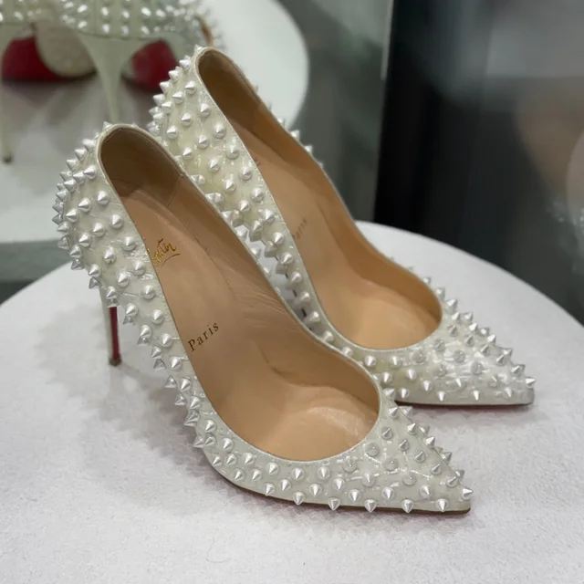 Christian Louboutin Studded Heels Sz 38 in White from Revivre Luxury Consignment