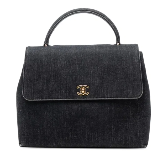 Black Chanel CC Denim Kelly Top Handle Bag in Black Denim from Designer Revival