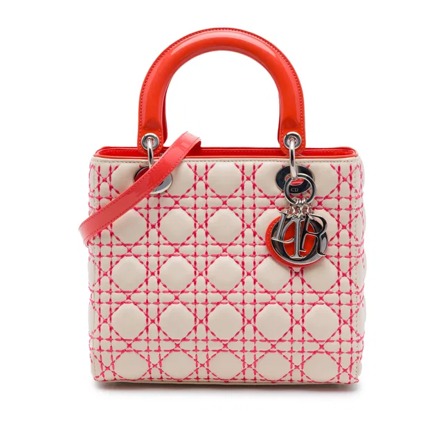Beige Dior Medium Lambskin Cannage Stitched Lady Dior Satchel in Beige Lambskin from Designer Revival