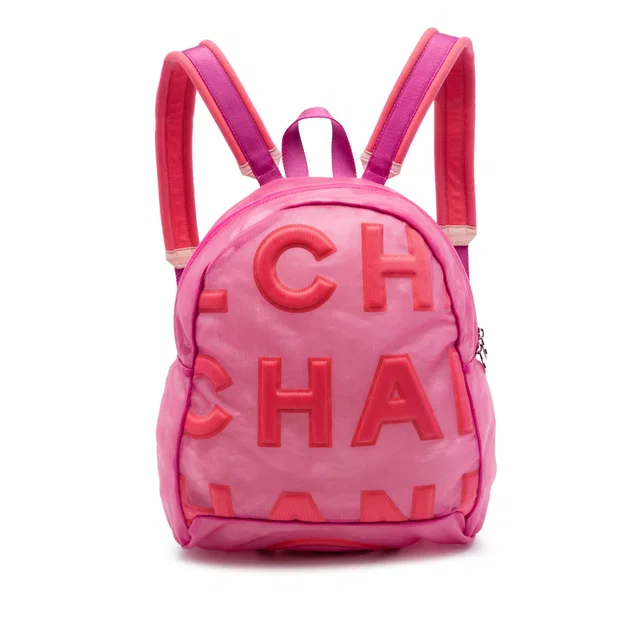 Pink Chanel Mesh Logo Doudoune Backpack in Pink from Designer Revival