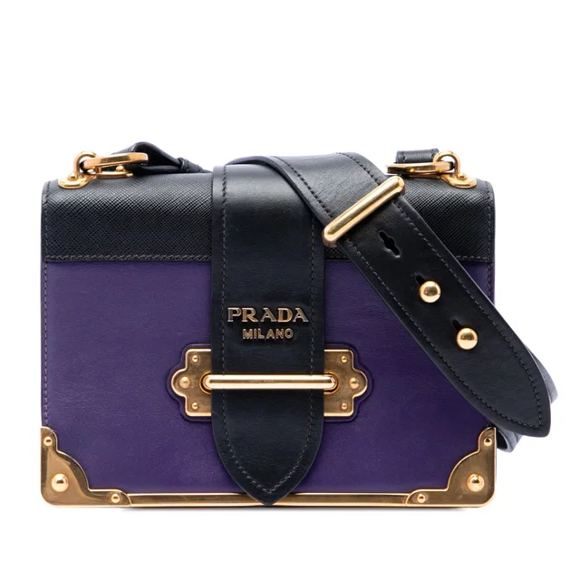 Purple Prada Saffiano Trimmed City Calf Cahier Crossbody in Purple Saffiano leather from Designer Revival