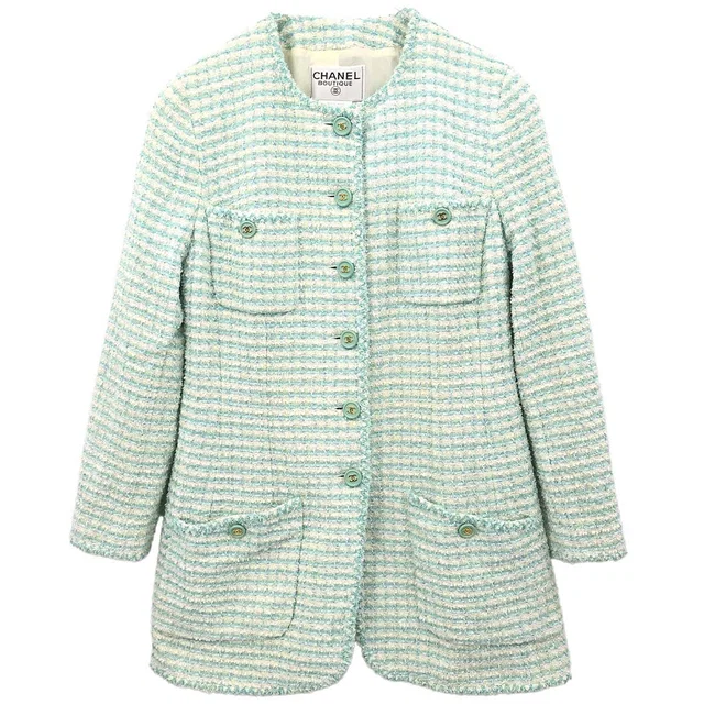 Chanel 1997 Collarless Tweed Jacket Blue #48 in Blue Tweed from AMORE Vintage Tokyo