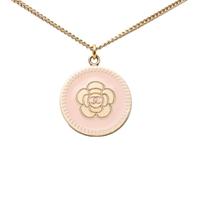 Gold Chanel CC Gold Plated Enamel Camellia Round Pendant Necklace in Gold from Designer Revival