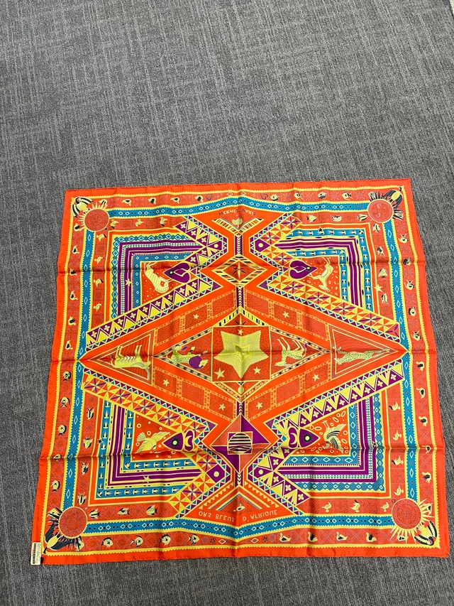 Hermès Silk 90-37 – Geometric Labyrinth in Amber, Violet, and Tangerine in Purple Silk from Luxury Promise