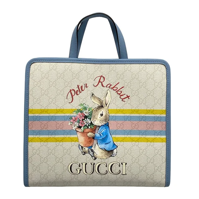 Gucci Tote Children's GG Print Ivory Light Blue Multi Peter Rabbit Leather in White Leather from The Reluxe