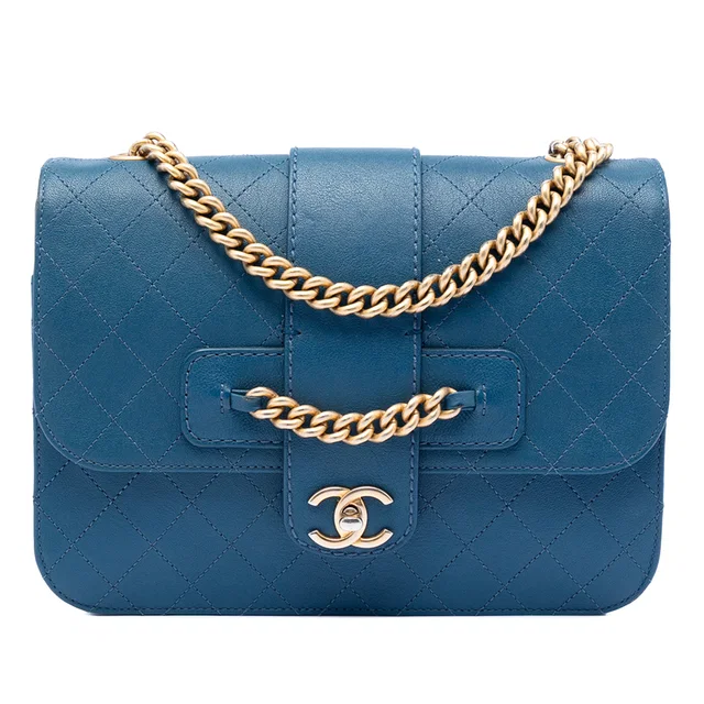 Blue Chanel Large Quilted Sheepskin Front Chain Flap Crossbody Bag in Blue Leather from Designer Revival