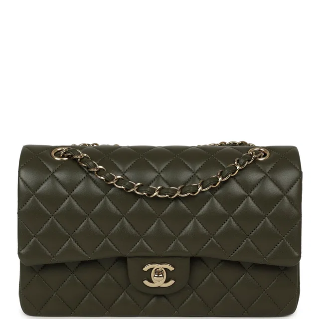 Chanel Medium Classic Double Flap Bag Khaki Lambskin Gold Hardware in Green Lambskin from Madison Avenue Couture