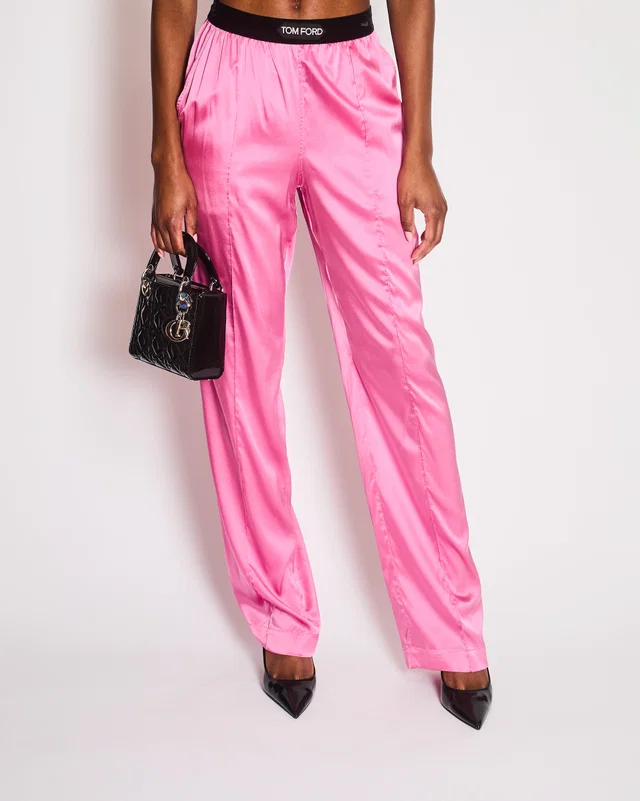 Tom Ford Fuchsia Silk Trousers with Logo Waist Detail Size S (UK 8) in Pink Silk from Sellier