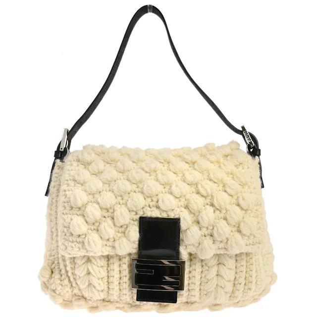 Fendi White Wool Mamma Baguette Handbag in White Wool from AMORE Vintage Tokyo