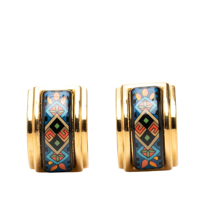 Blue Hermès Gold Plated Enamel Cloisonne Clip On Earrings in Blue from Designer Revival
