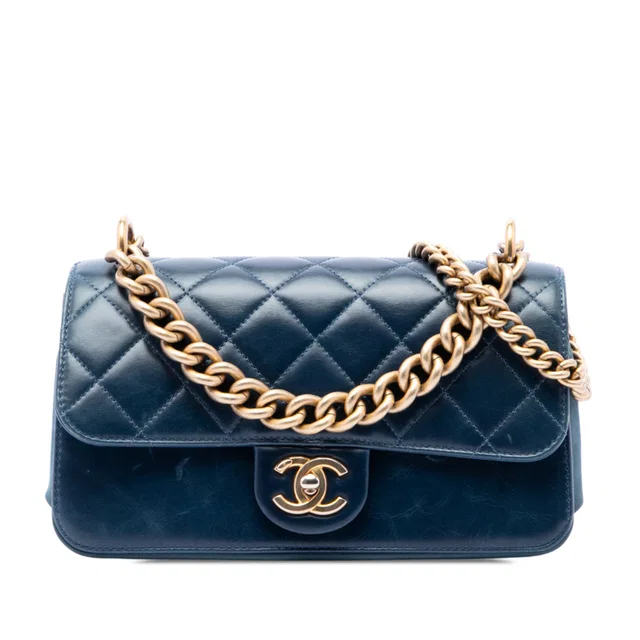Blue Chanel Small Quilted Calfskin Straight Lined Flap Satchel in Blue Calfskin from Designer Revival
