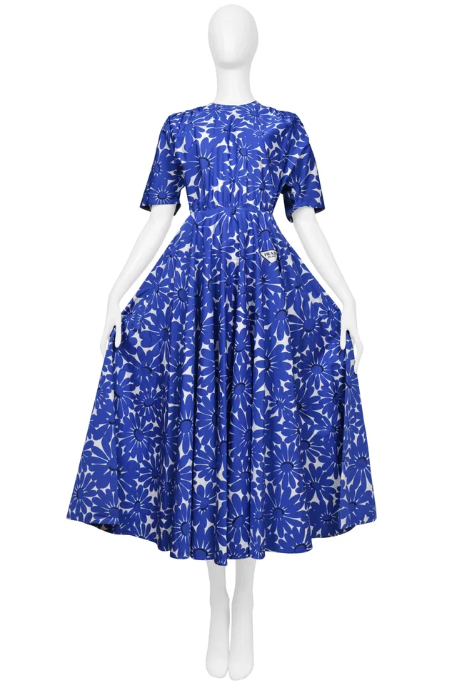Prada Blue Floral Cotton Poplin Dress With Full Skirt 2022 in Blue from Resurrection Vintage