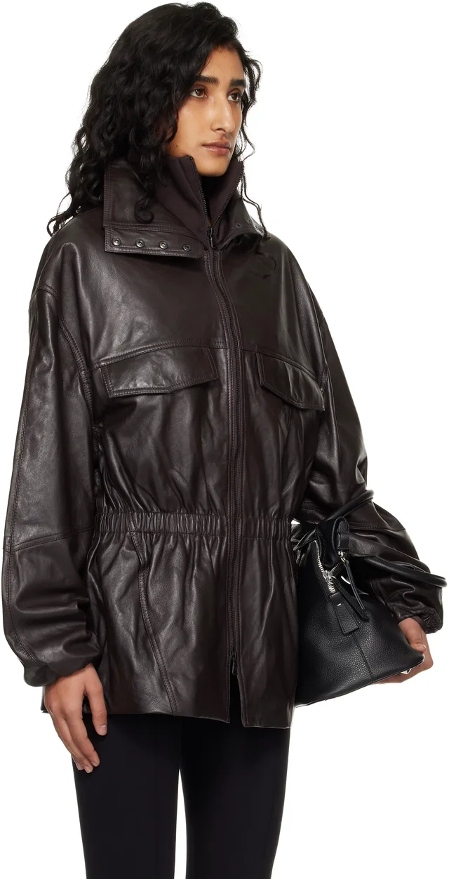 The Frankie Shop Burgundy Carnaby Funnel Neck Leather Jacket, photo 2 of 4 from SSENSE