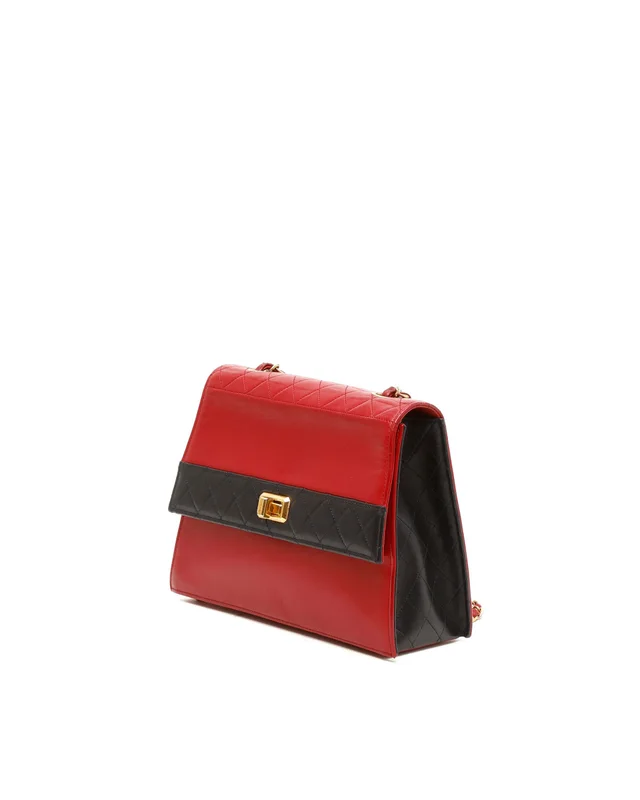 Chanel Leather Turnlock Chain Shoulder Bag (Red/Black) in Black Leather from A Retro Tale, photo 2 of 10