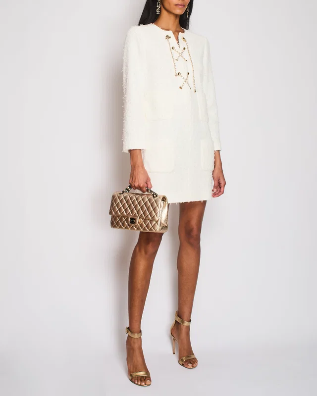 Chanel 21/P White Tweed Long Sleeve Midi Pocket Dress with Chain Fastening Detail Size FR 38 (UK 10) in White Tweed from Sellier