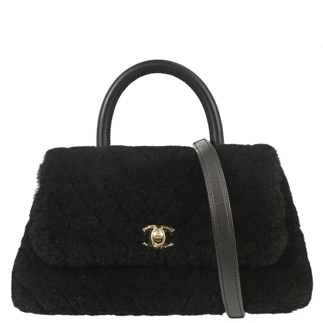 Chanel 2019 Black Mouton Chevron Coco Handle 2way Shoulder Handbag in Black Lambskin from AMORE Vintage Tokyo