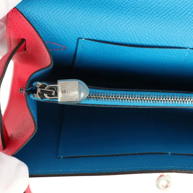 Hermès Kelly Wallet To Go Casaque Rouge De Coeur, Rose Extreme, Bleu Zanzibar Epsom Palladium Hardware in Red Epsom leather from Madison Avenue Couture, photo 8 of 9