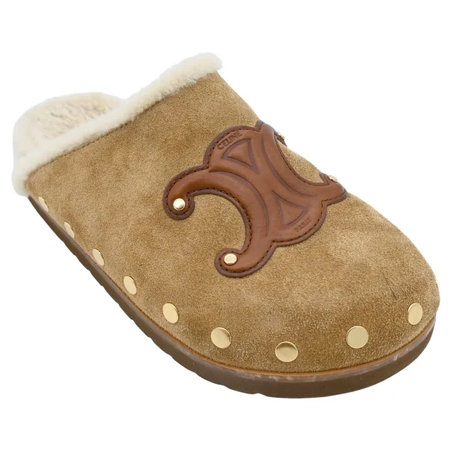 Celine Triomphe Suede Shearling Mules in Suede from Clotheshorse Anonymous