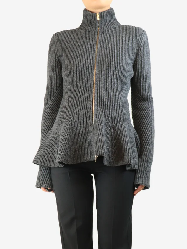 Alaïa Dark grey ribbed zip cardigan - size UK 12 in Grey Cashmere from Sign of the Times