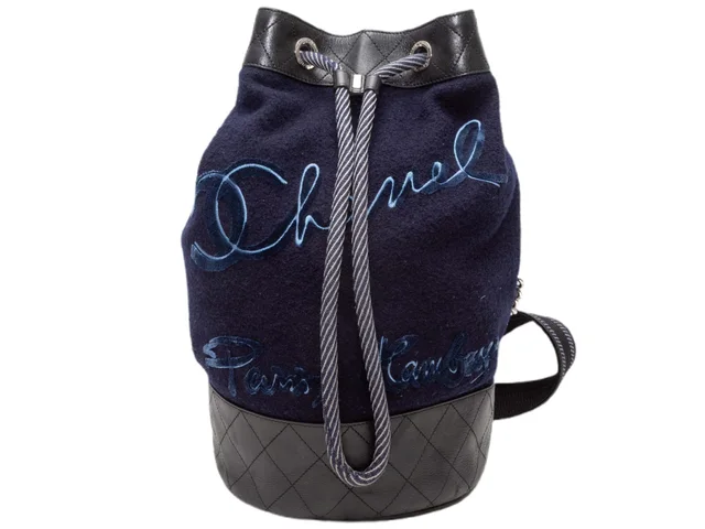 Navy & Black Chanel Wool & Calfskin Paris Hamburg Bucket Backpack in Black Calfskin from Designer Revival, photo 1 of 1