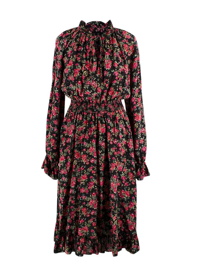 Dolce & Gabbana Black and Rose Floral Midi Silk Dress in Black Silk from HEWI