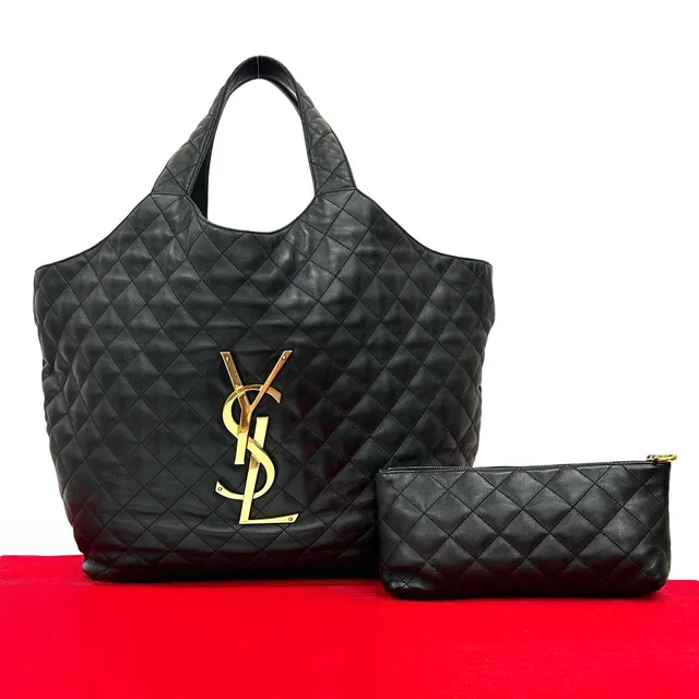 Icare YSL Logo Quilted Leather Tote Black in Black Leather from The Reluxe