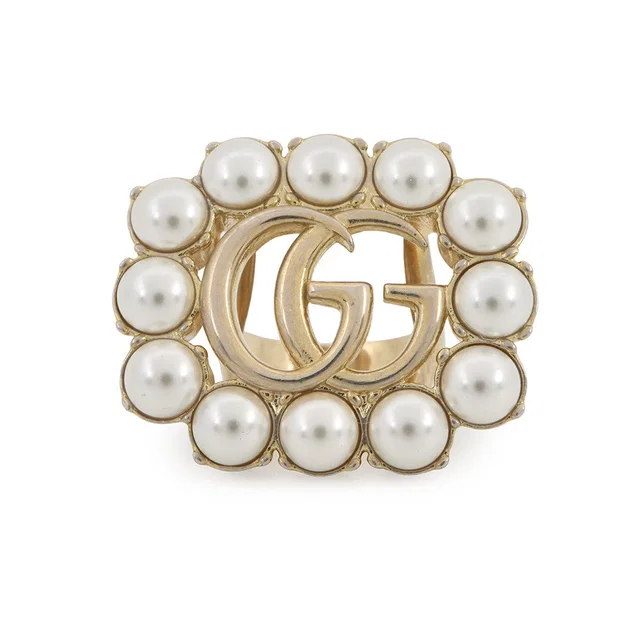 Gucci Double G Logo Ring Size XS Gold Plated Faux Pearl in Gold from GALLERY RARE