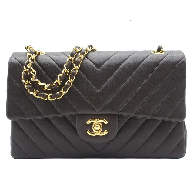 Chanel Chain Shoulder Bag Brown Gold Lambskin Stitch Chevron Double Flap 25 in Brown Lambskin from The Reluxe