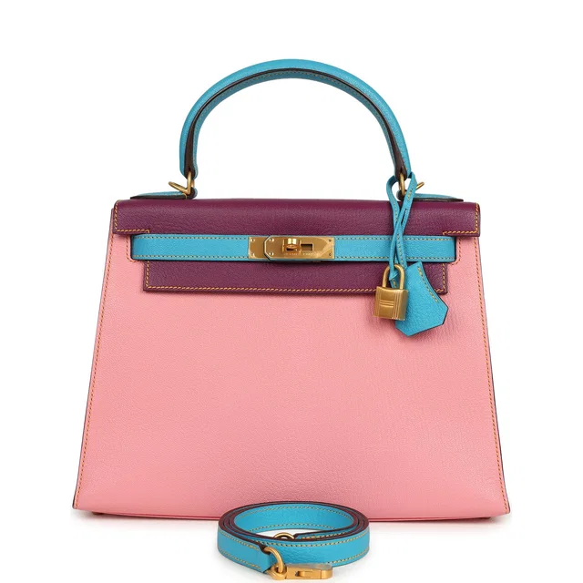 Hermès Special Order (HSS) Kelly Sellier 28 Rose Confetti in Blue Goatskin from Madison Avenue Couture