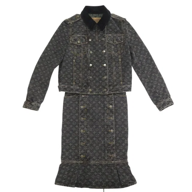 Louis Vuitton Monogram Denim Cotton Black Jacket & Skirt Set in Black Denim from The Reluxe