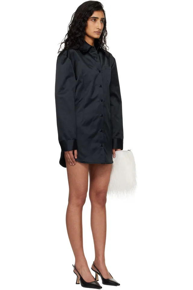 The Frankie Shop Black Akita Satin Cinched Shirt Minidress, photo 2 of 4 from SSENSE