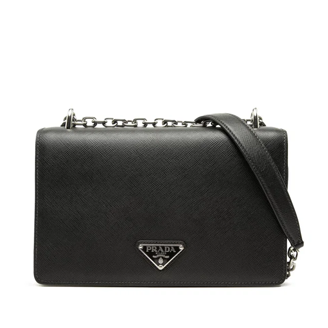 Black Prada Saffiano and Tessuto Chain Crossbody in Black Saffiano leather from Designer Revival