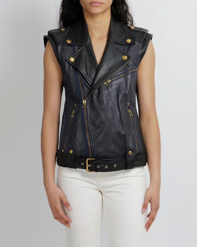 Balmain Navy and Black Sleeveless Leather Jacket with Gold Button Details Size FR 40 (UK 12) in Black Leather from Sellier