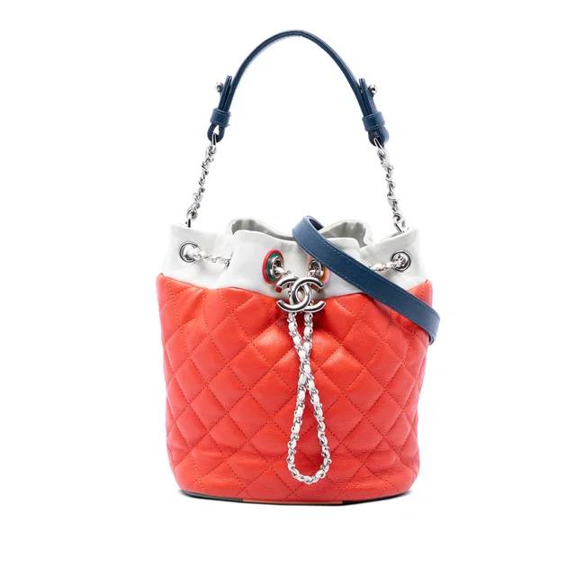 Orange Chanel CC Multicolor Quilted Lambskin Cuba Drawstring Bucket Bag Satchel in Orange Lambskin from Designer Revival