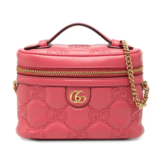 Pink Gucci Mini GG Marmont Matelasse Calfskin Top Handle Vanity Chain Bag Satchel in Pink Calfskin from Designer Revival