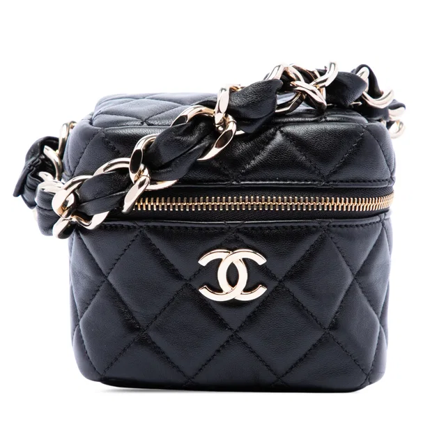 Black Chanel CC Quilted Lambskin Cube Wristlet Vanity Case in Black Lambskin from Designer Revival