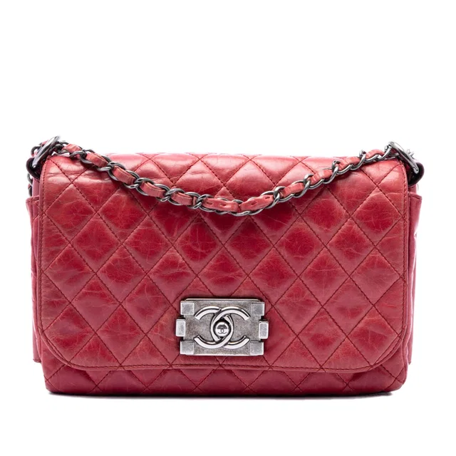 Red Chanel Quilted Glazed Calfskin Soft Boy Flap Shoulder Bag in Red Calfskin from Designer Revival