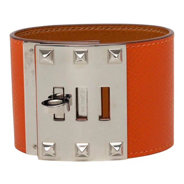 Orange Hermès Epsom and Palladium Plated Kelly Extreme Dog Bracelet in Orange Epsom leather from Designer Revival