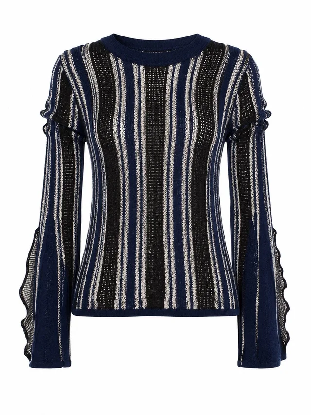 SIMKHAI Women's Navy Striped Crewneck Sweater With Ruffled Sleeves in blue|black from Poshmark