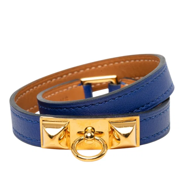 Blue Hermès Swift Rivale Double Tour Bracelet in Blue Swift leather from Designer Revival