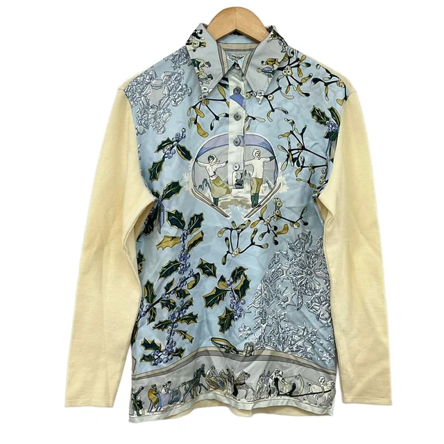Hermès Long Sleeve Top Light Blue Ivory Multi M in White from The Reluxe