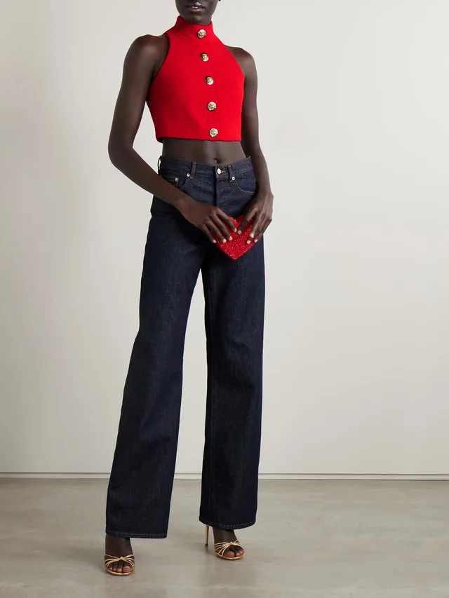 BALMAIN Cropped button-embellished wool-blend bouclé top in Red, photo 2 of 2 from NET-A-PORTER (Canada)