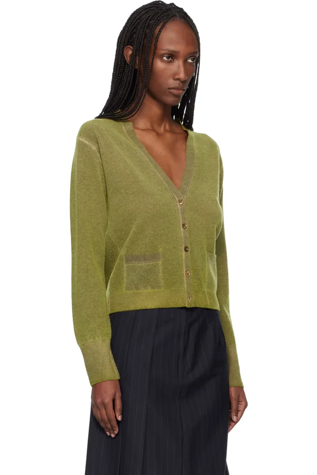 Maison Margiela Green Virgin Wool V Neck Cardigan, photo 2 of 4 from SSENSE