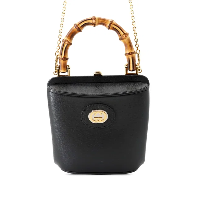 Black Gucci Mini Dollar Calfskin Bamboo Marina Bucket Bag Satchel in Black Calfskin from Designer Revival