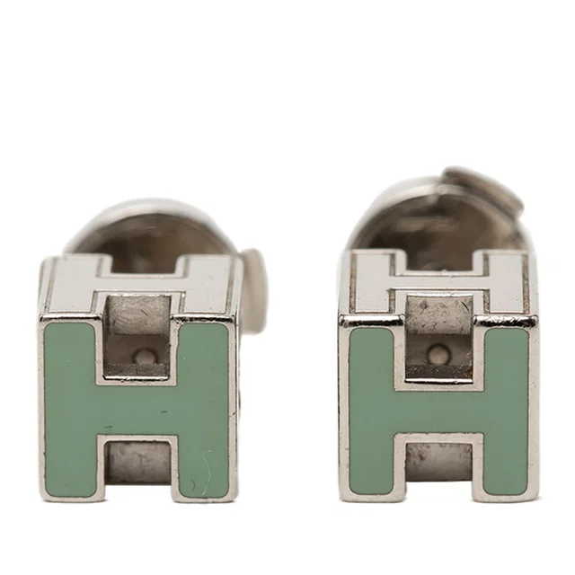 Green Hermès Palladium Plated Enamel Cage dH Cube Push Back Earrings in Green from Designer Revival