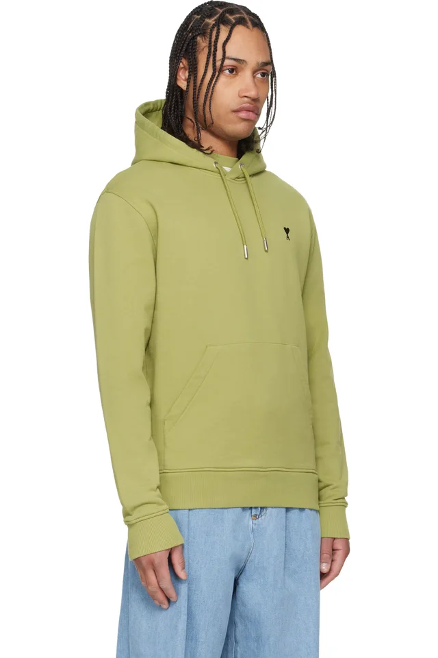 AMI Paris Green Cotton Contrasted Ami de Coeur Hoodie, photo 2 of 4 from SSENSE