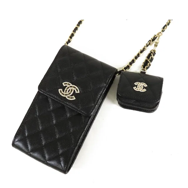 Chanel Shoulder Pouch Airpods Case Black Gold Caviar Leather in Black Caviar leather from The Reluxe